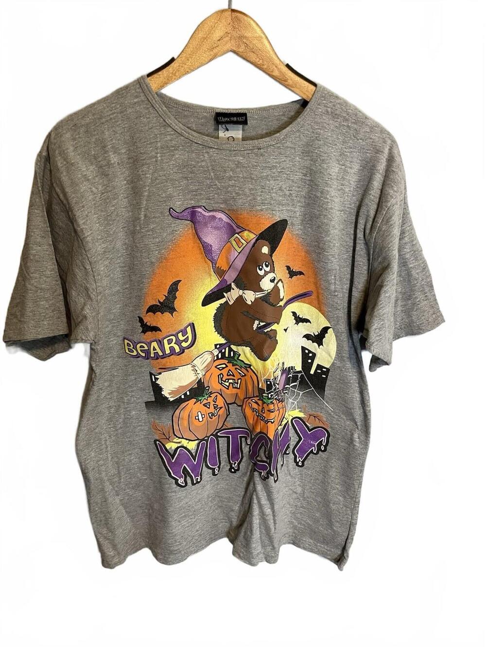 Vintage Halloween "Beary Witchy" Gray Bear Pumpkin Spider Shirt XL 100% Cotton
